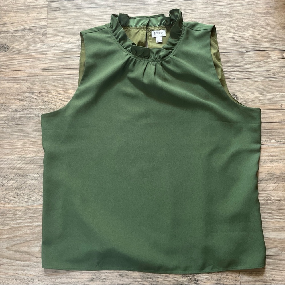 J.Crew Ruffle Neck Sleeveless Blouse Olive Green Keyhole Back Tank Top